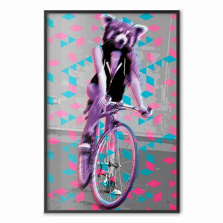 Vrouw-wasbeer op fiets - geometrische abstractie met dierenmotief
