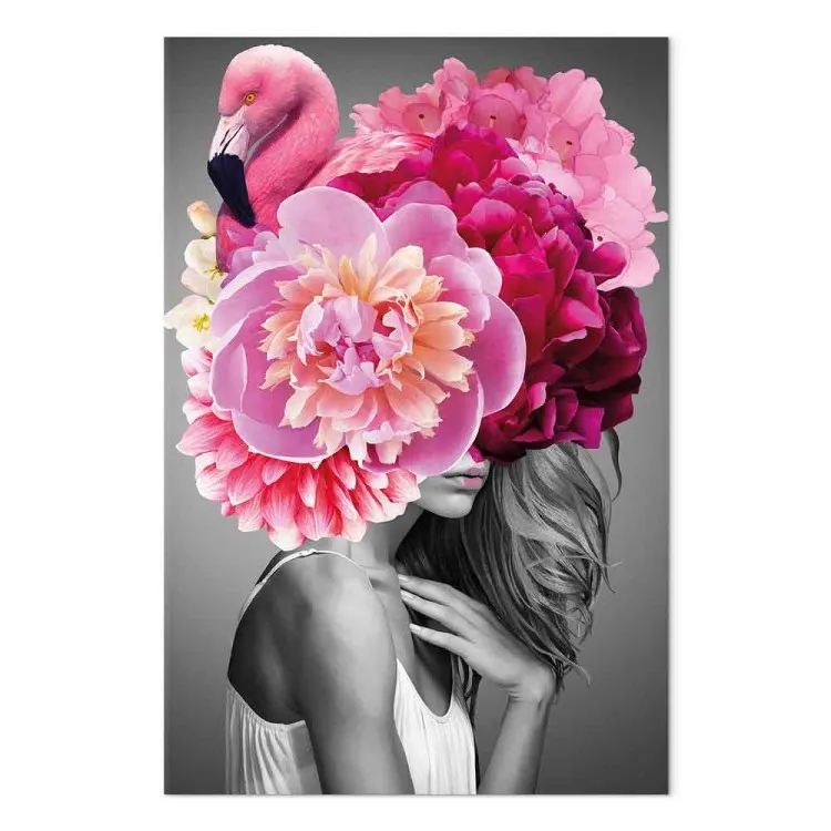 Flamingo-meisje (1-delig) verticaal - vrouw met vogel en pioenroos