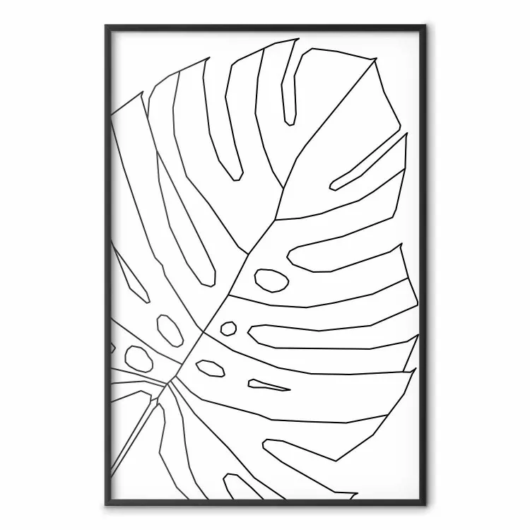 Monstera-tekening - zwart-witte lijntekening van een monstera-blad op een lichte achtergrond