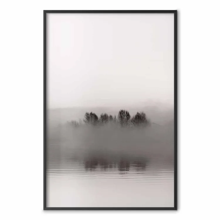 Mistig eiland - zwart-wit landschap van een meer met een met mist bedekte eiland