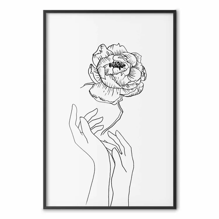 Delicate bloem - line art van bloemen en handen op een contrasterende witte achtergrond