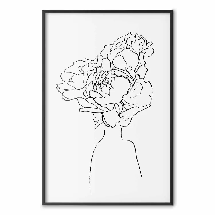 Boven de bloemen - abstracte line art van een vrouw met bloemen op het hoofd