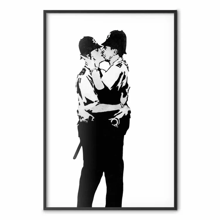 Kissing Coppers - twee kussende zwarte figuren in de stijl van Banksy