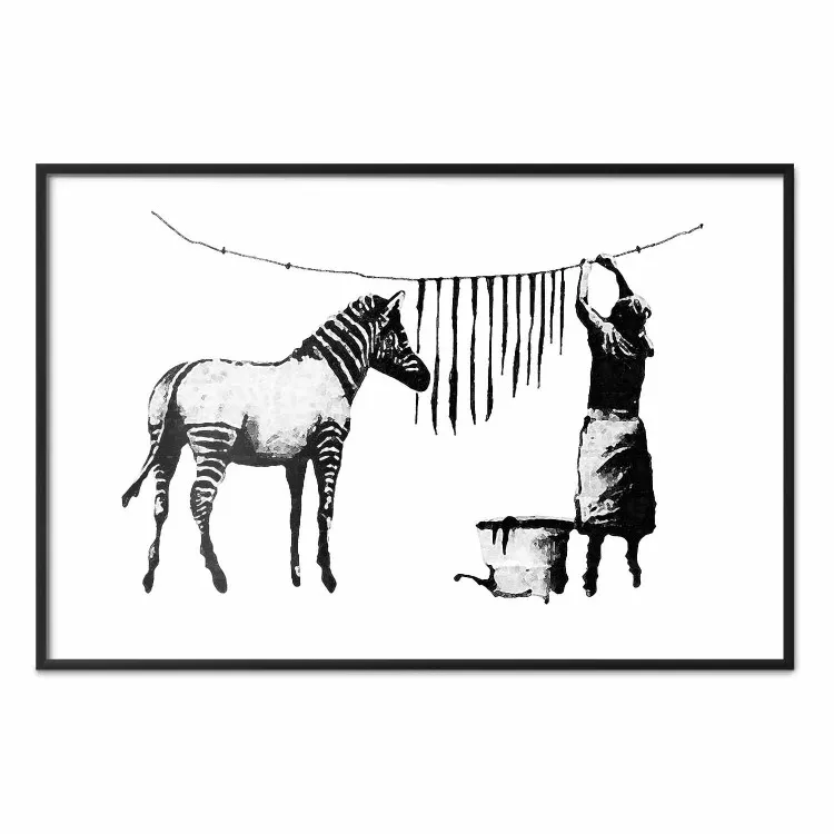 Banksy: Zebra Washing - zwart-witte zebra en vrouw die lijnen ophangt
