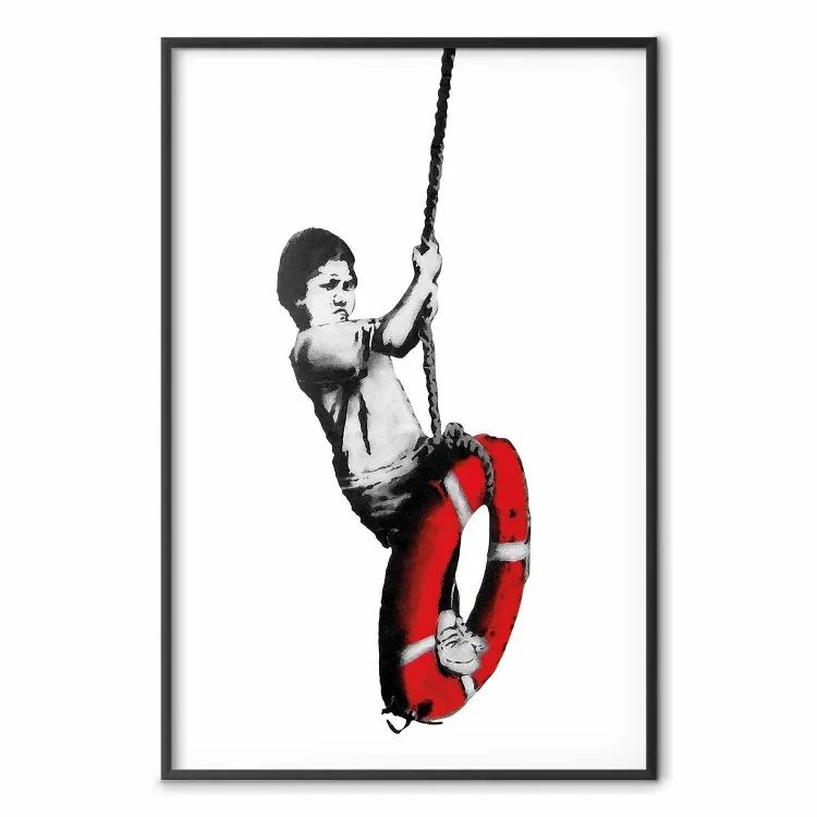 Banksy: Boy on Lines - zwart-wit jongen op een schommel met een wiel