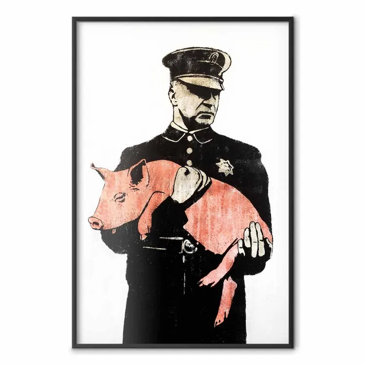 Police Pig - politieagent die een slapend roze varken vasthoudt