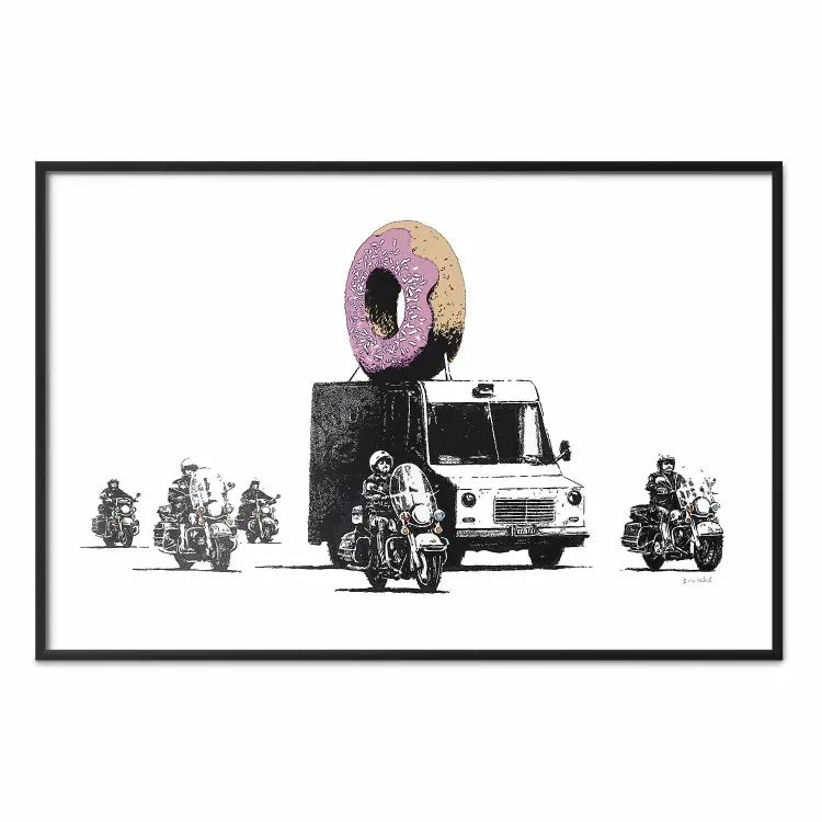 Donut Police - auto met donut en politiemotoren op een witte achtergrond