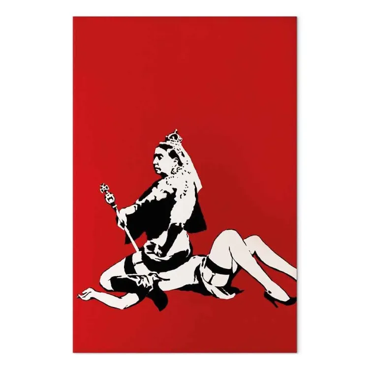 Queen Banksy - street art graphics op een rode achtergrond