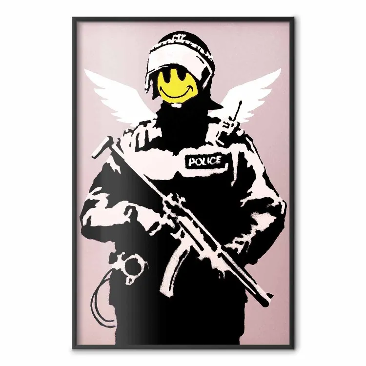Politieagent - man met een gele gezicht en vleugels in de stijl van Banksy