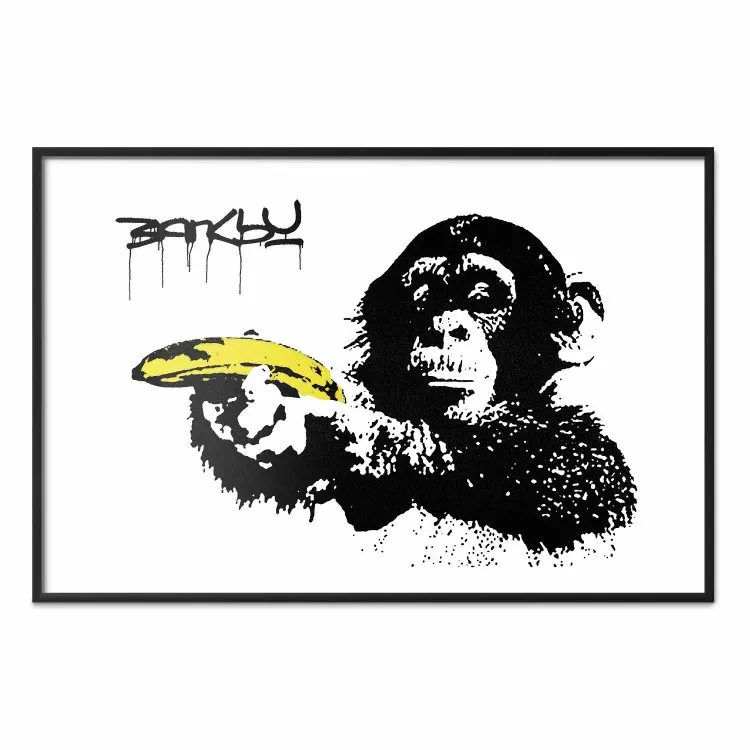 Banksy: Monkey with Banana - zwart dier met een gele vrucht op een witte achtergrond