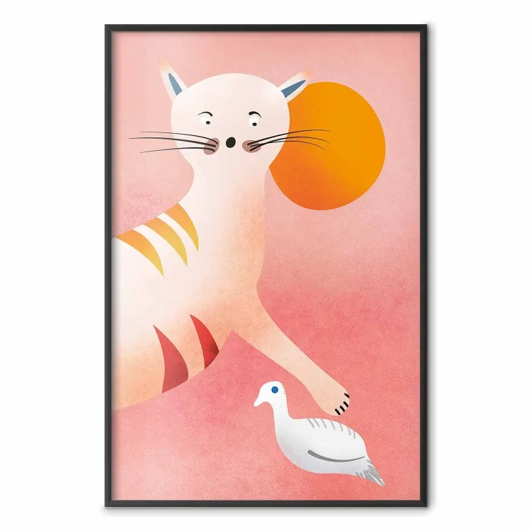 Jonge tijger - grappig dier dat een vogel aanraakt op een rode achtergrond
