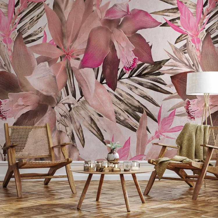 Bloeiende jungle - roze compositie met plantmotief en bladeren