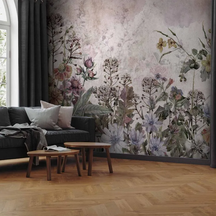 Zomerweide - landschap van natuur en bloeiende wilde bloemen in retrostijl