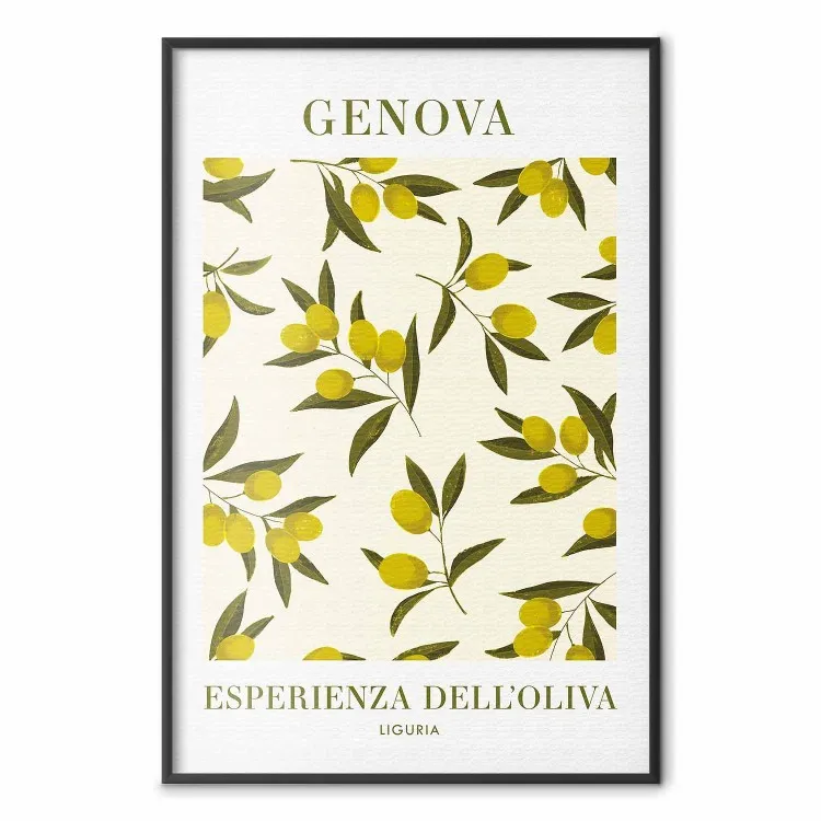 Olijven uit Ligurië - eenvoudige compositie met kleine vruchten en Italiaanse teksten