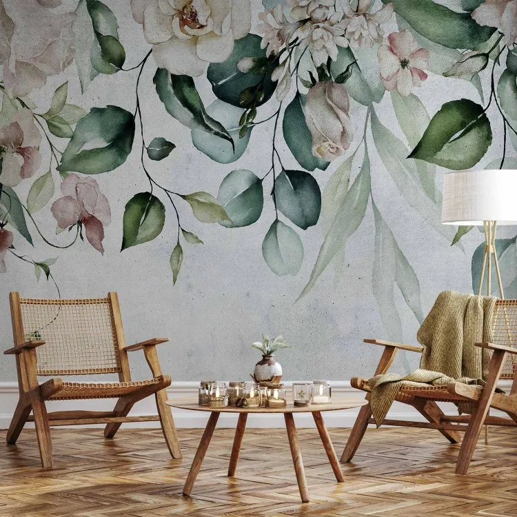 Hangende tuinen - plantmotief met hangende bloemen en bladeren in retrostijl