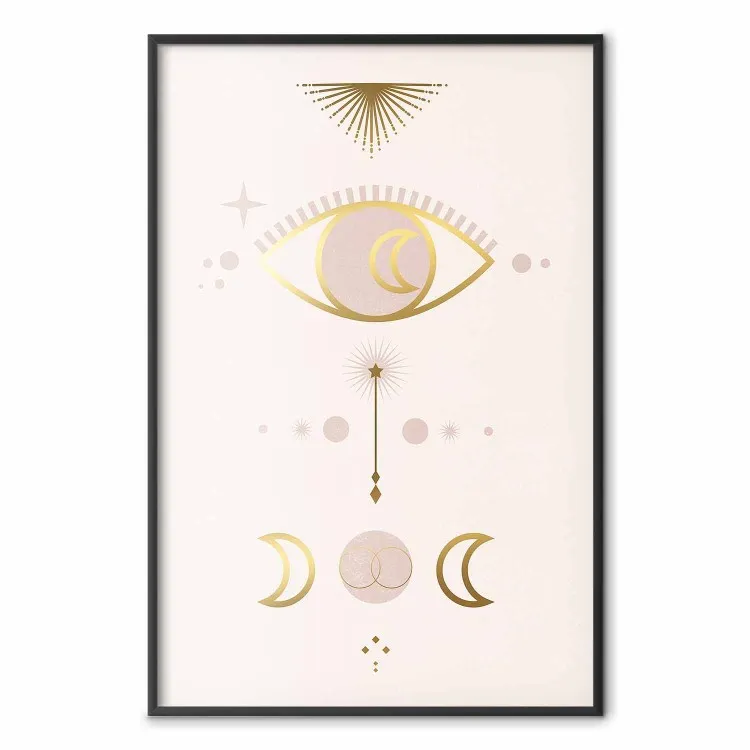 Magische avond - gouden abstractie van manen en oog op een lichte achtergrond