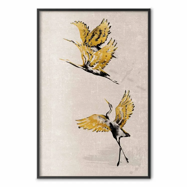 Gouden ganzen - patroon van vliegende vogels en beige achtergrond in Scandi Boho-stijl