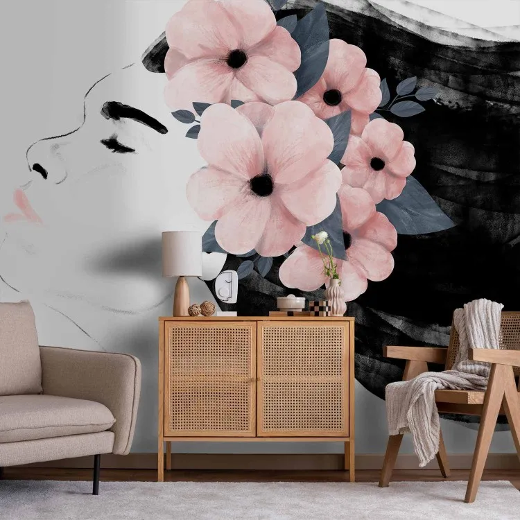 Vrouwelijke charme - het gezicht en de bloemen van het personage