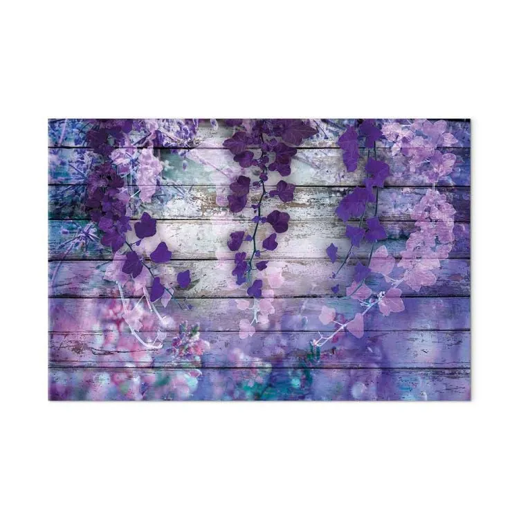 Lavendelspreuk (1-delig) breed - paarse bloemen en houten planken op achtergrond