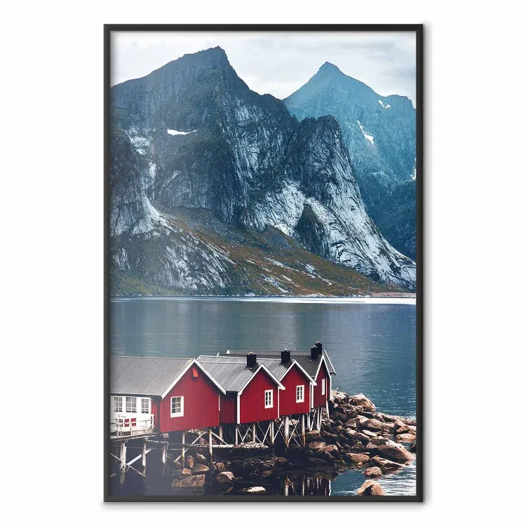 Troost van blauw - landschap van een rood huisje en een meer tegen een bergachtergrond