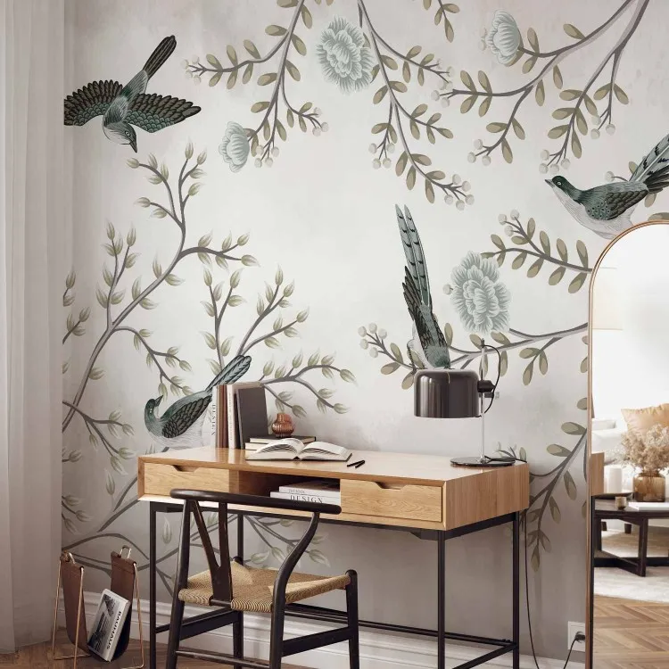 Vogels in de tuin - minimalistisch landschap met bomen, bladeren en bloemen