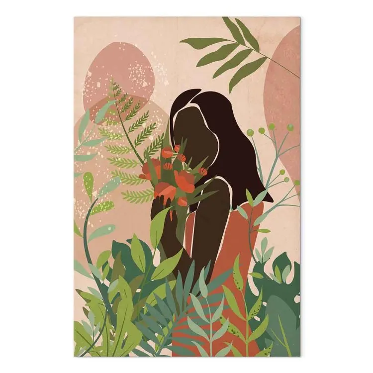 Vrouw in het groen (1-delig) verticaal - kleurrijke planten op roze achtergrond