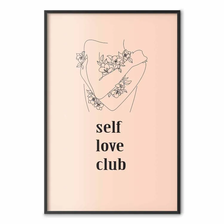 Zelfliefde Club - lineart van een vrouw en teksten op een pastelkleurige achtergrond