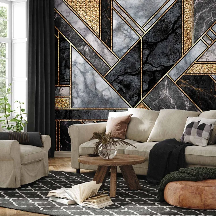 Geometrisch art deco - grijs en zwart marmer met gouden patronen