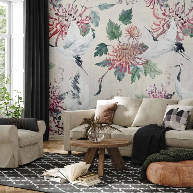 Oosterse compositie - motief van kraanvogels met bloemen en bladeren op achtergrond