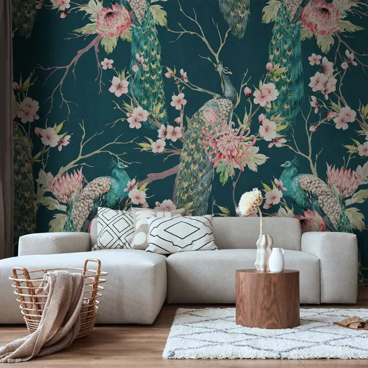 Edele pauwen - vogelmotief op takken met bloemenpatronen