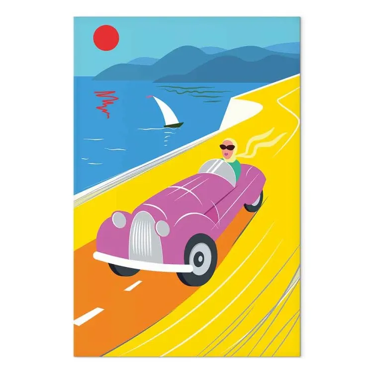 Kleurrijke rit (1-delig) verticaal - landschap met auto op de achtergrond van de zee