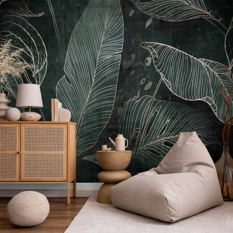 In het labyrint van bladeren - donker landschap van tropische bladeren in lineart-stijl