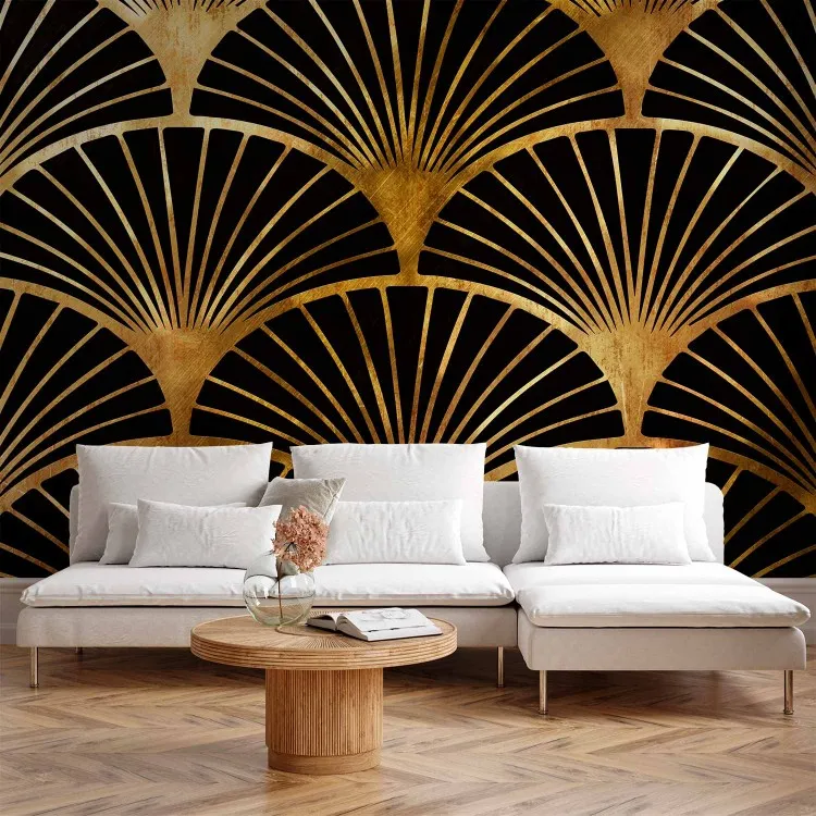 Art deco waaiers - abstractie met zwarte waaiers op een gouden achtergrond