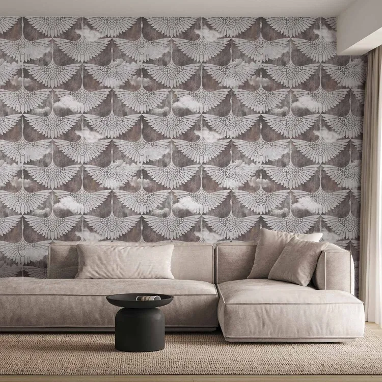 Vogelveren - regelmatige achtergrond in art-decostijl met witte verenmotief