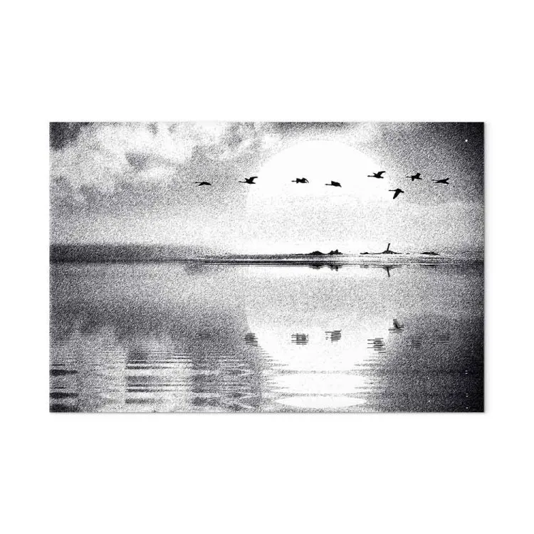 Vogelvlucht boven meer (1-delig) breed - zwart-wit landschap