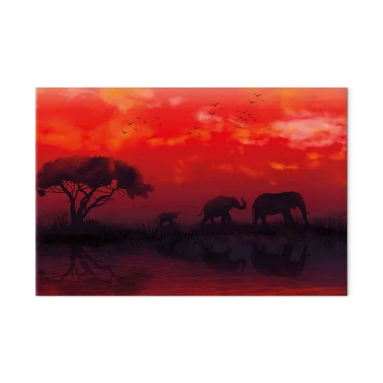 Afrikaans landschap (1-delig) breed - olifanten en rode lucht