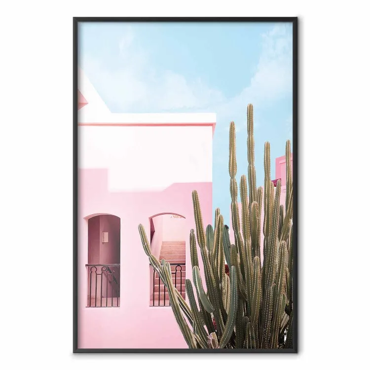 Miami cactus - roze vakantiehuis tegen blauwe lucht en licht