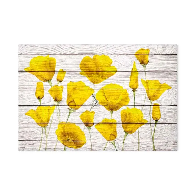 Gele Bloemen (1-delig) - Citroenkleurige planten op de achtergrond van licht hout