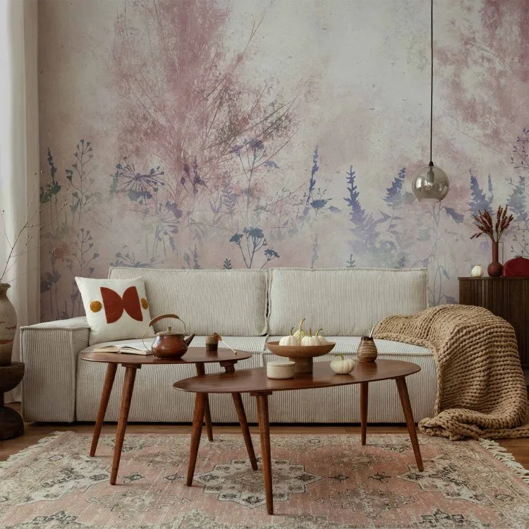 Roze dageraad - landschap van delicate planten in grijze en blauwe tinten