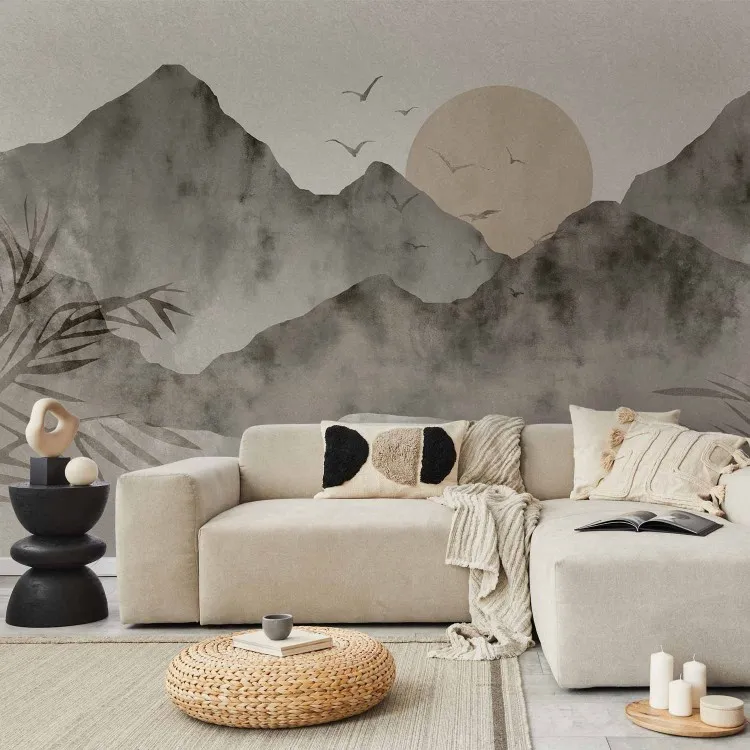 Wabi-sabi landschap - landschap van zonsondergang en bergen in Japanse stijl