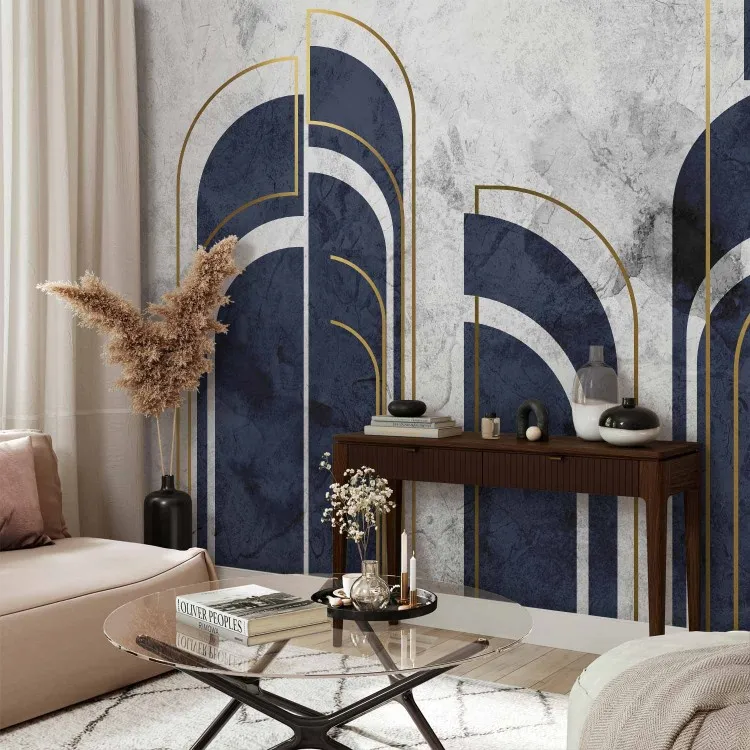 Navy Blue Elegance - Dark Forms and Golden Arches on Concrete