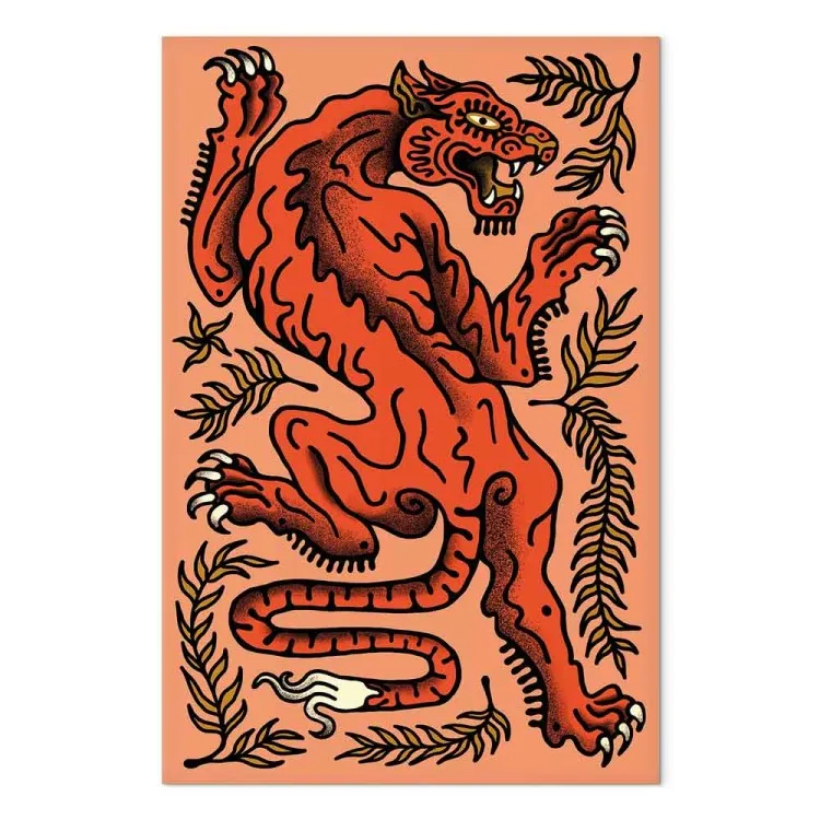 Rode tijger (1-delig) - wilde kat tussen bladeren op een zalmkleurige achtergrond