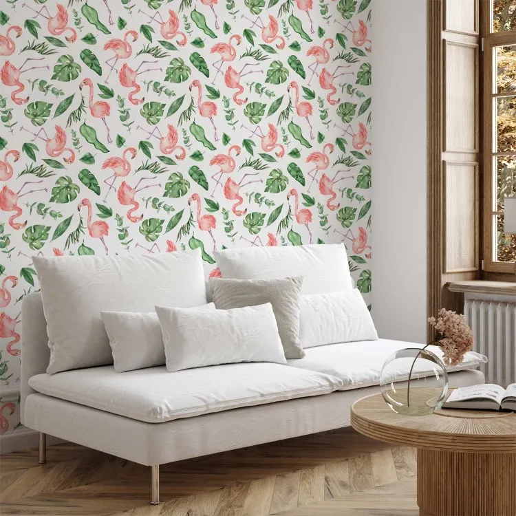 Exotisch patroon - roze flamingo's en groene bladeren op een witte achtergrond