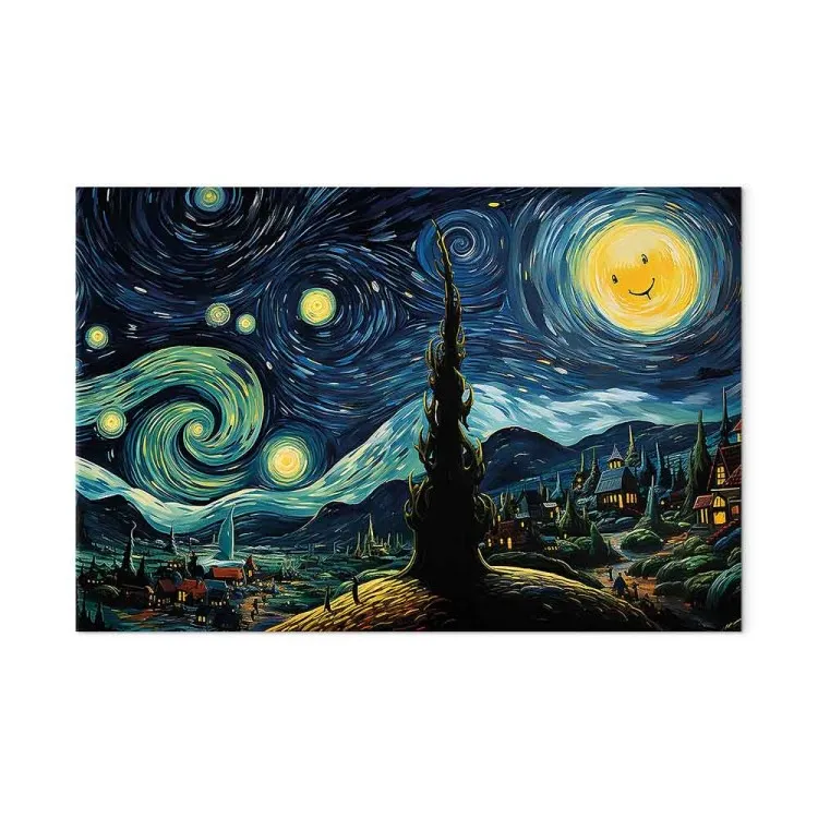 Starry Night - A Landscape in the Style of Van Gogh With a Smiling Moon