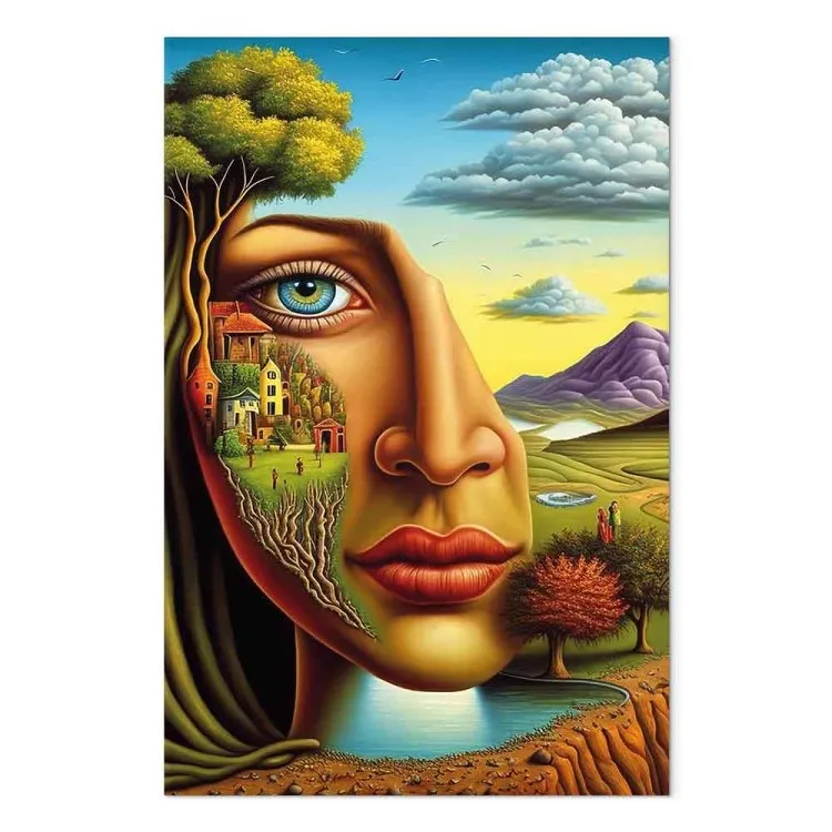 Abstract Portrait - A Face Against the Background of Mountains and a Small Town