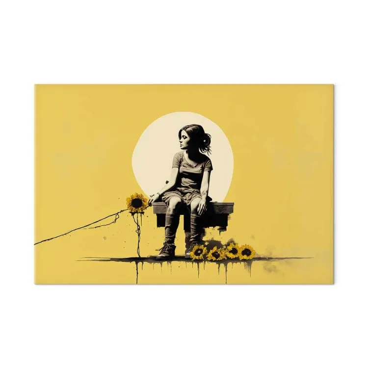 Girl and Sunflowers - A Yellow Composition Inspired by the Style of Banksy
