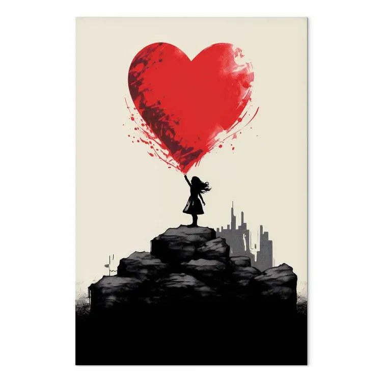 Red Heart - A Figure With a Balloon on a City Background Inspired by Banksy