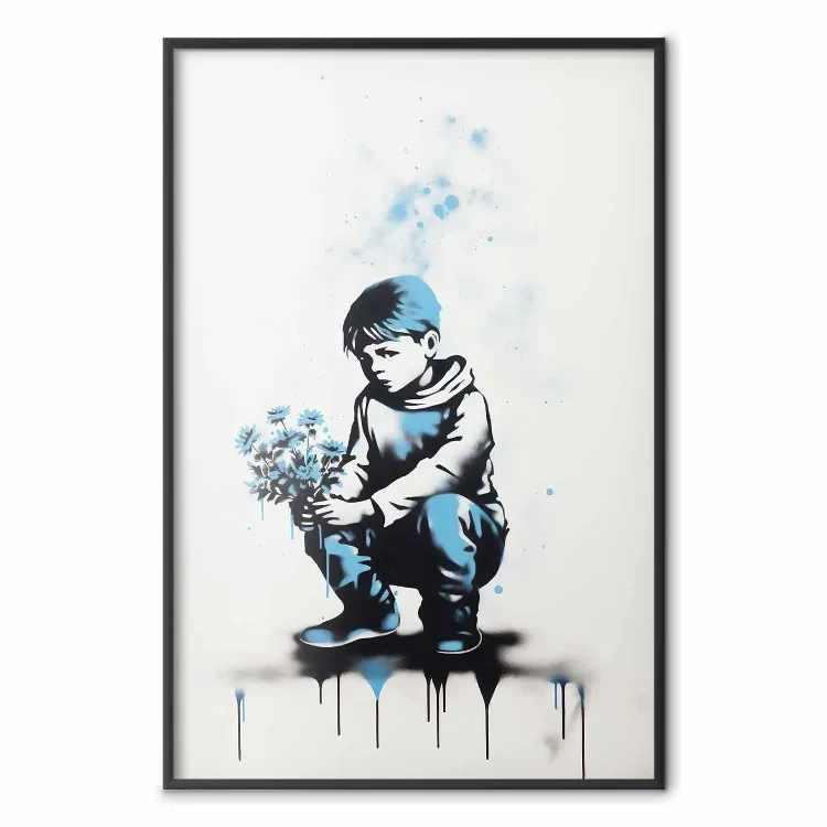 Blauwe graffiti - jongen met boeket geïnspireerd door Banksy