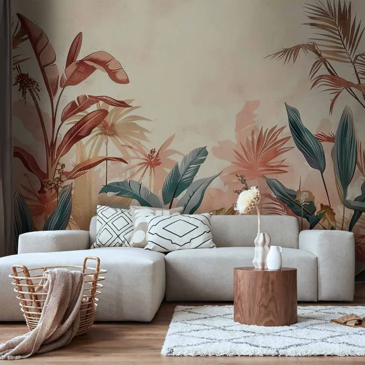 Tropische bladeren - compositie met planten op een achtergrond in de kleur van terracotta