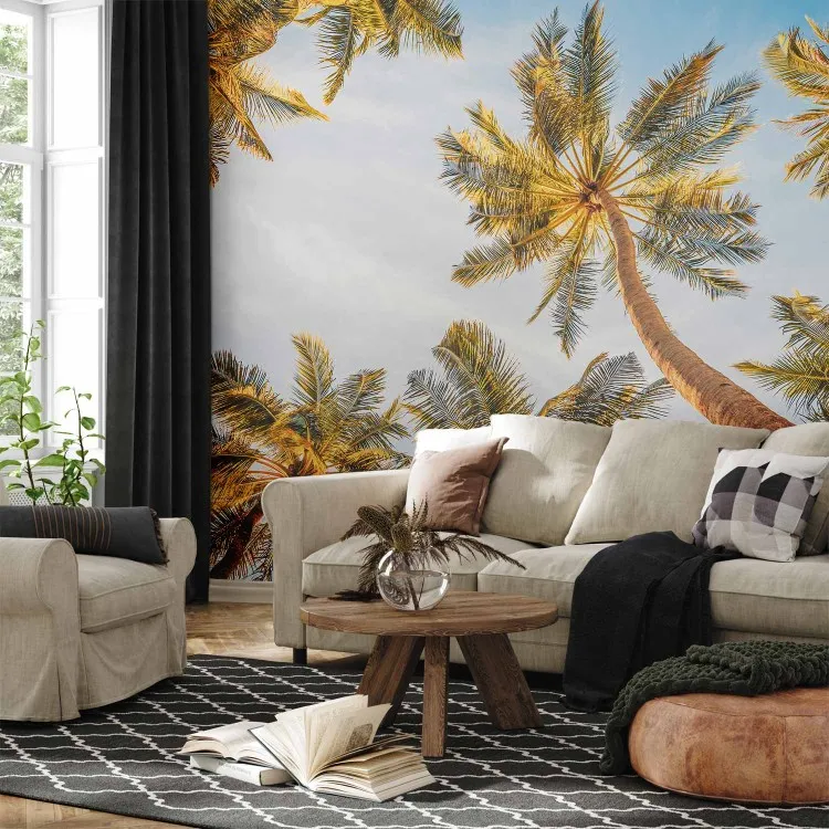 Tropische kronen - uitzicht op palmtoppen en blauwe lucht